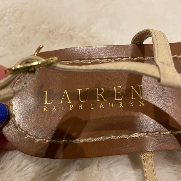 Lauren Ralph Lauren LRL Aina Leather T-Strap Khaki Flat Sandals Size 6.5 VGC - Picture 6 of 10